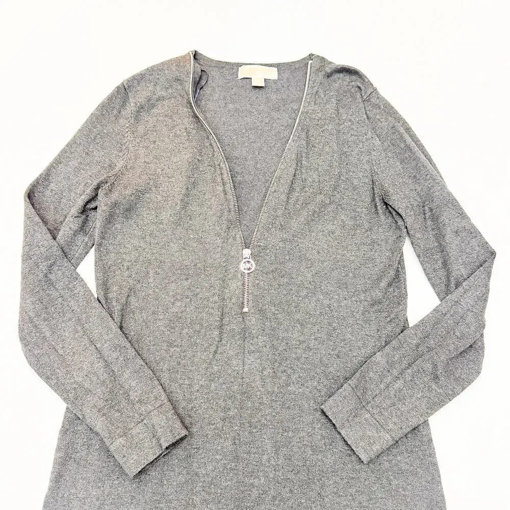 Michael Kors Deep V-Neck Zipper Adjustable Gray Knee Length Dress Size M